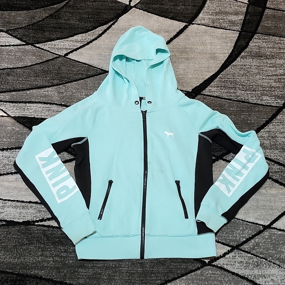 VS PINK 2015 CAMPUS FULL-ZIP FLEECE TEAL HOODIE SWEATSHIRT JACKET XS PRI…